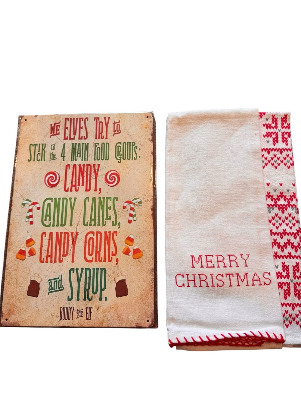 Merry Christmas Red & White Holiday Kitchen Towels Set and Christmas sign